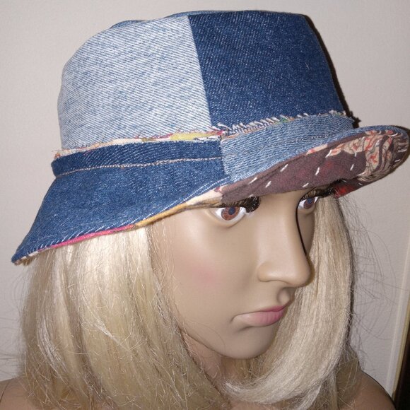 Kantha & Denim Bucket Hat Reversible Green Marigold Red Black Handmade BHAT8. - Picture 7 of 8